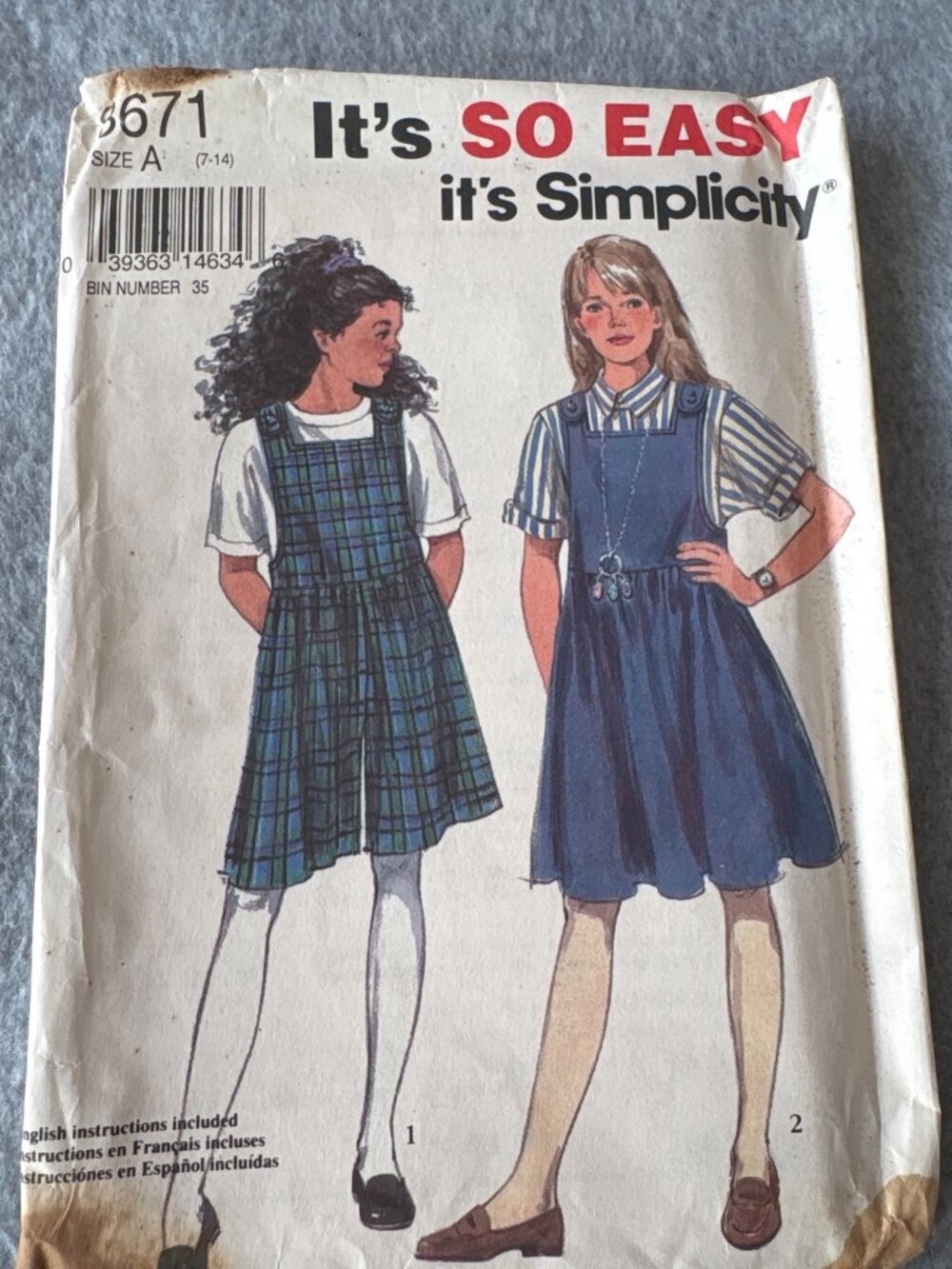 Simplicity Girls Jumper Sewing Pattern 8671 Size 7 8 10 12 14 Uncut Vintage Deta
